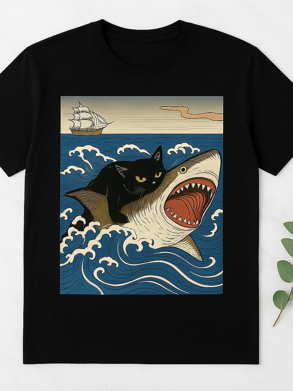 Black Cat Riding Shark Japanese Wave Art T-Shirt